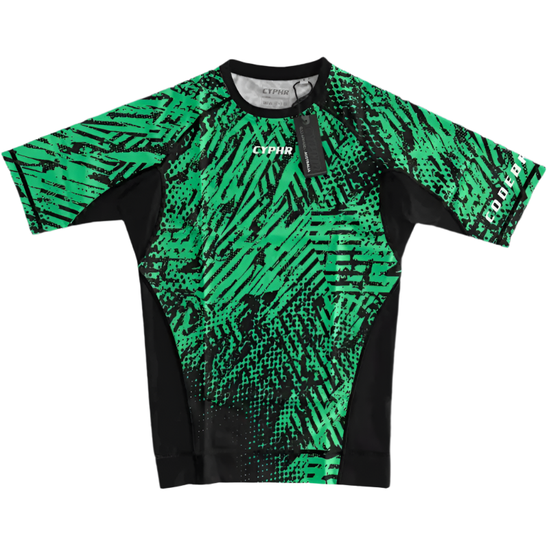 CYPHR Combat Green and Black Rash Guard with Abstract Enigma Pattern - CYPHR Combat