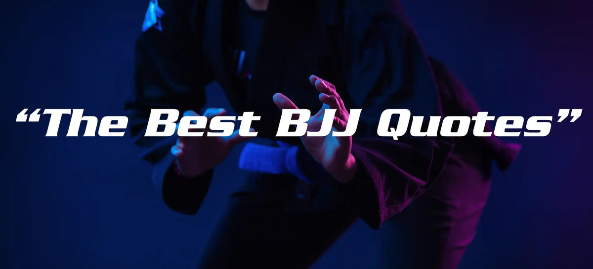 White text reading ’The Best BJJ Quotes’ against a dark background with blue and pink lighting.