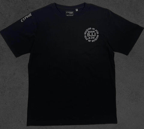 Black CYPHR BJJ cotton t-shirt with logo, breathable and durable for Brazilian Jiu-Jitsu athletes.