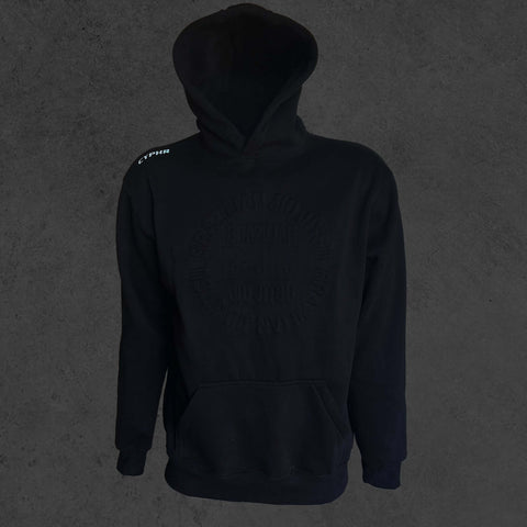 Men's black BJJ hoodie by CYPHR Combat with embossed design, ideal for comfort and style in Brazilian Jiu-Jitsu.