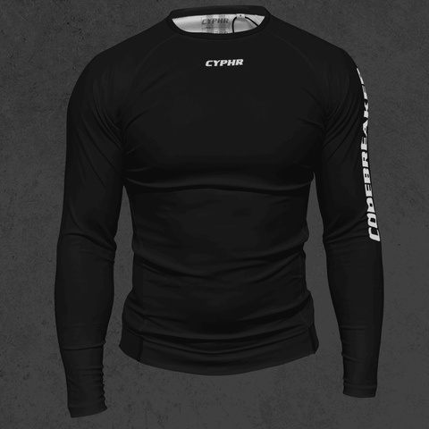 CYPHR Signature Series black rash guard for BJJ with long sleeves and logo.