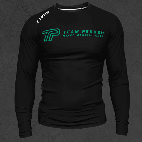 Custom black rash guard with Team Perosh logo from CYPHR Combat for Brazilian Jiu Jitsu and MMA.