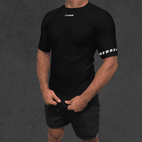 Cyphr Combat men's black rash guard for Brazilian Jiu-Jitsu training.