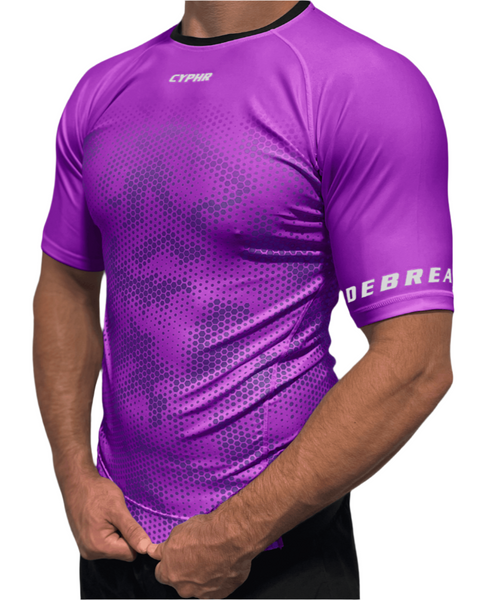 Man wearing a purple BJJ rash guard, part of the Ultimate BJJ Gear Collection, showcasing durable and stylish martial arts apparel.