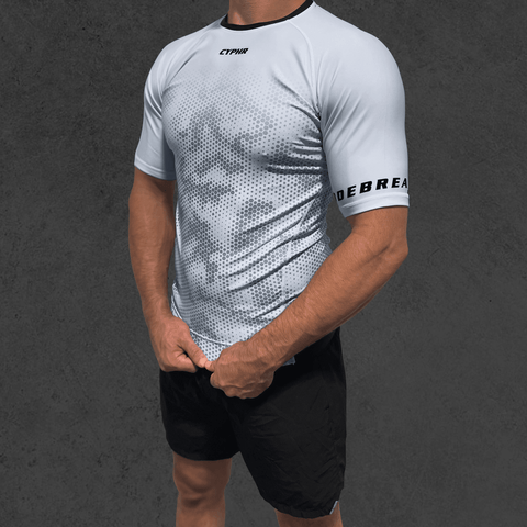 CYPHR Combat BJJ rash guard for men in white, showcasing breathable fabric and sleek design for Brazilian Jiu-Jitsu training.