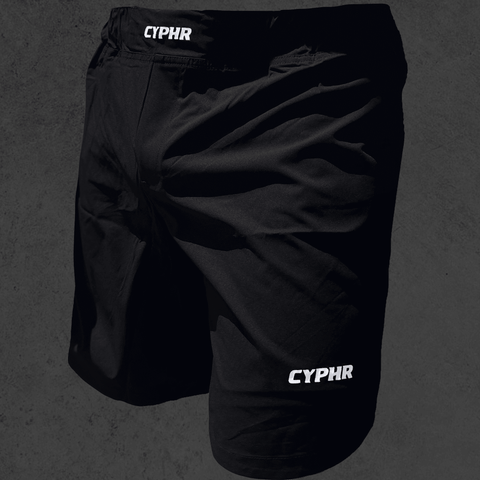 Black CYPHR men's No-Gi BJJ shorts engineered for flexibility and durability, ideal for Brazilian Jiu-Jitsu training.