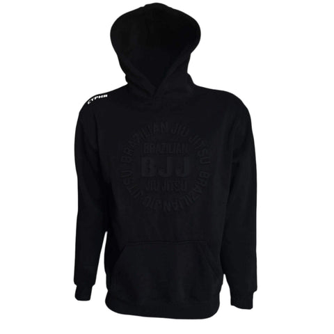 Elegant embossed black BJJ hoodie with bold Brazilian Jiu-Jitsu design, ideal for training and casual wear.