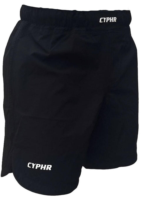 Black CYPHR APEX Quick-Dry Flex Shorts for BJJ with two-way stretch and LOCKDOWN waistband for comfort and performance.