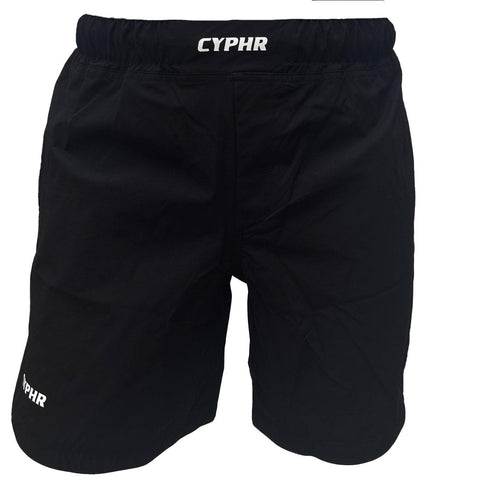 CYPHR APEX Quick-Dry Flex Shorts for BJJ in black with LOCKDOWN waistband and two-way stretch fabric.