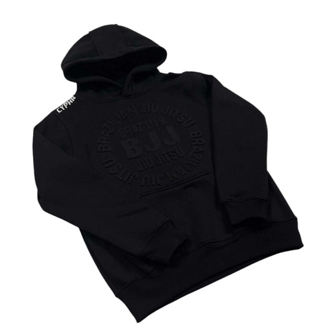 Black BJJ hoodie with embossed design celebrating Brazilian Jiu-Jitsu, offering style and comfort for training and casual wear.