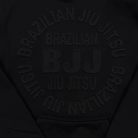 Embossed black BJJ hoodie with Brazilian Jiu-Jitsu design, featuring bold and subtle textured lettering on the front.