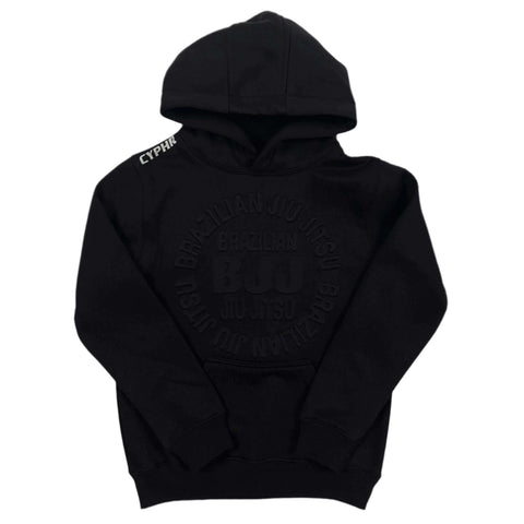 Embossed Black BJJ Hoodie with Brazilian Jiu-Jitsu design by CYPHR, featuring durable polyester-cotton blend for style and comfort.