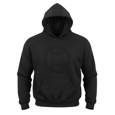 Black CYPHR Combat hoodie, front view, with a tone-on-tone embossed circular Brazilian Jiu Jitsu BJJ logo on the chest