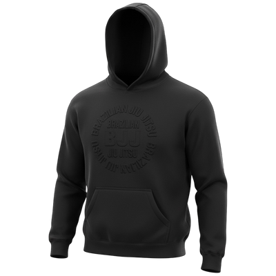 Black CYPHR Combat hoodie, angled view, showing the embossed circular BJJ logo, hood and front pocket