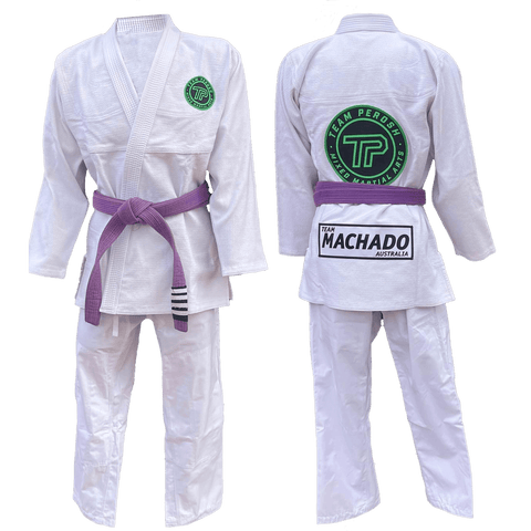 Custom BJJ Gi with reinforced stitching and 450 GSM pearl weave fabric, front and back view with purple belt.