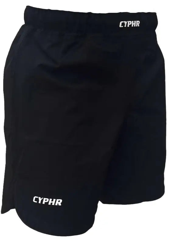 Black athletic shorts with CYPHR branding, featuring apex quick-dry flex technology