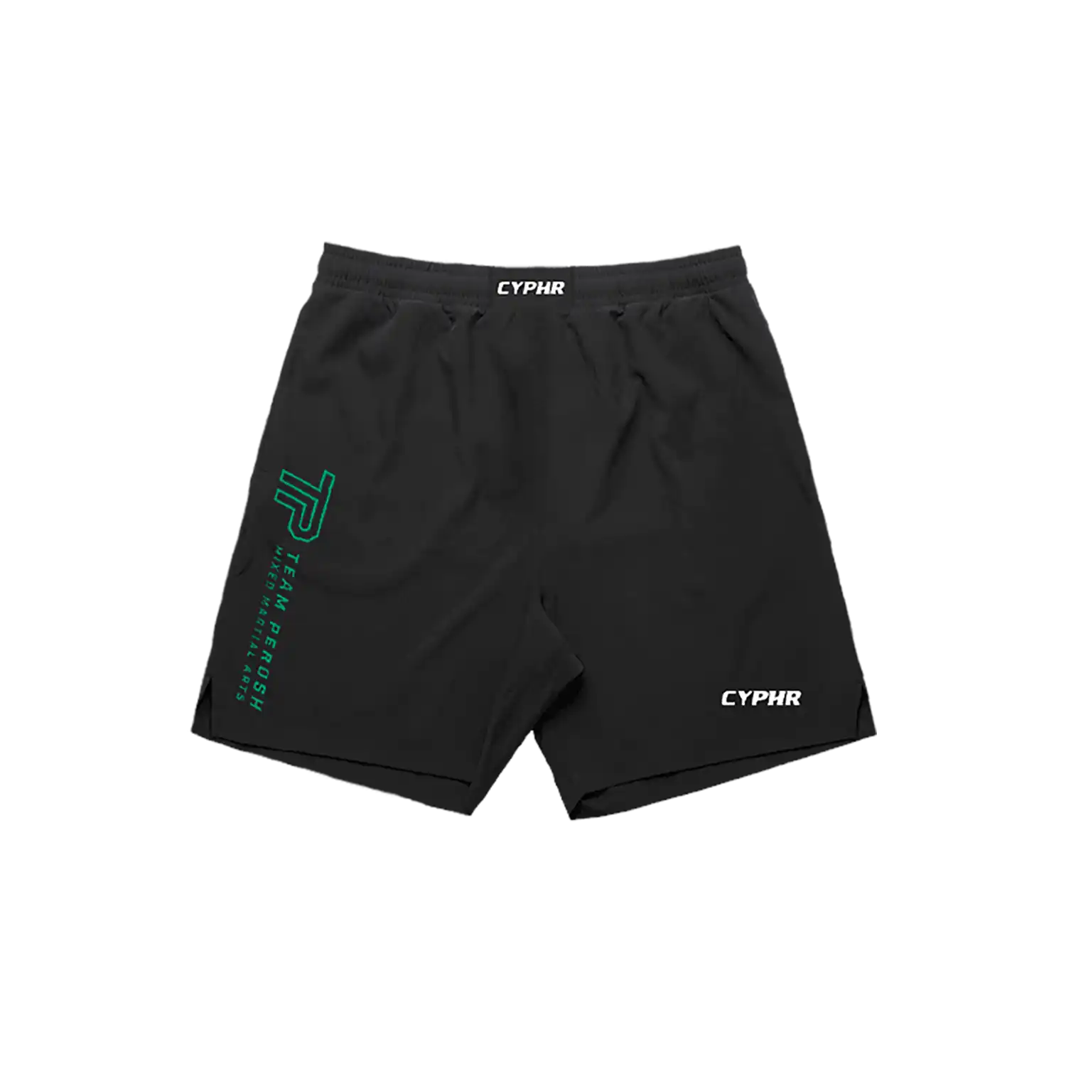 Black athletic shorts with green and white CYPHR branding.