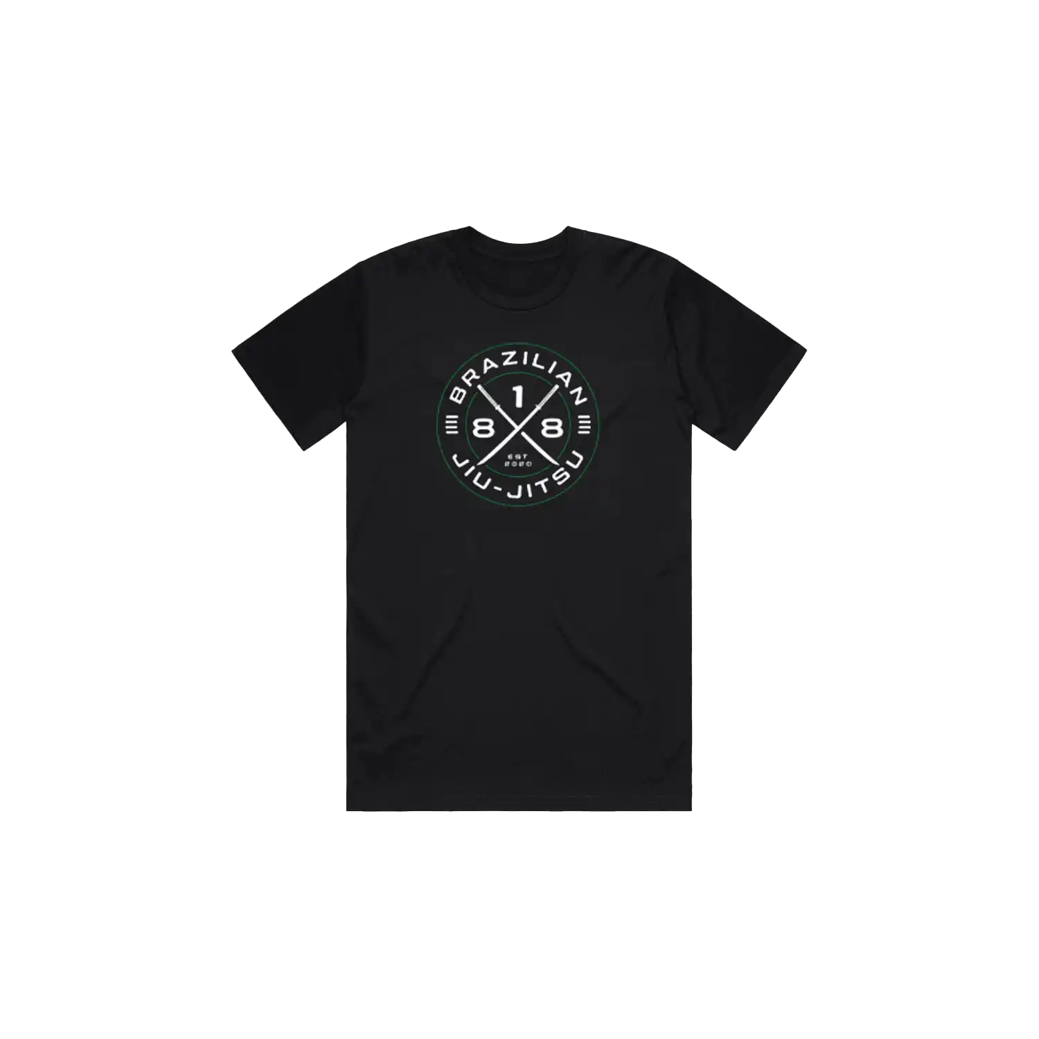 Black t-shirt with a circular logo design featuring crossed symbols.