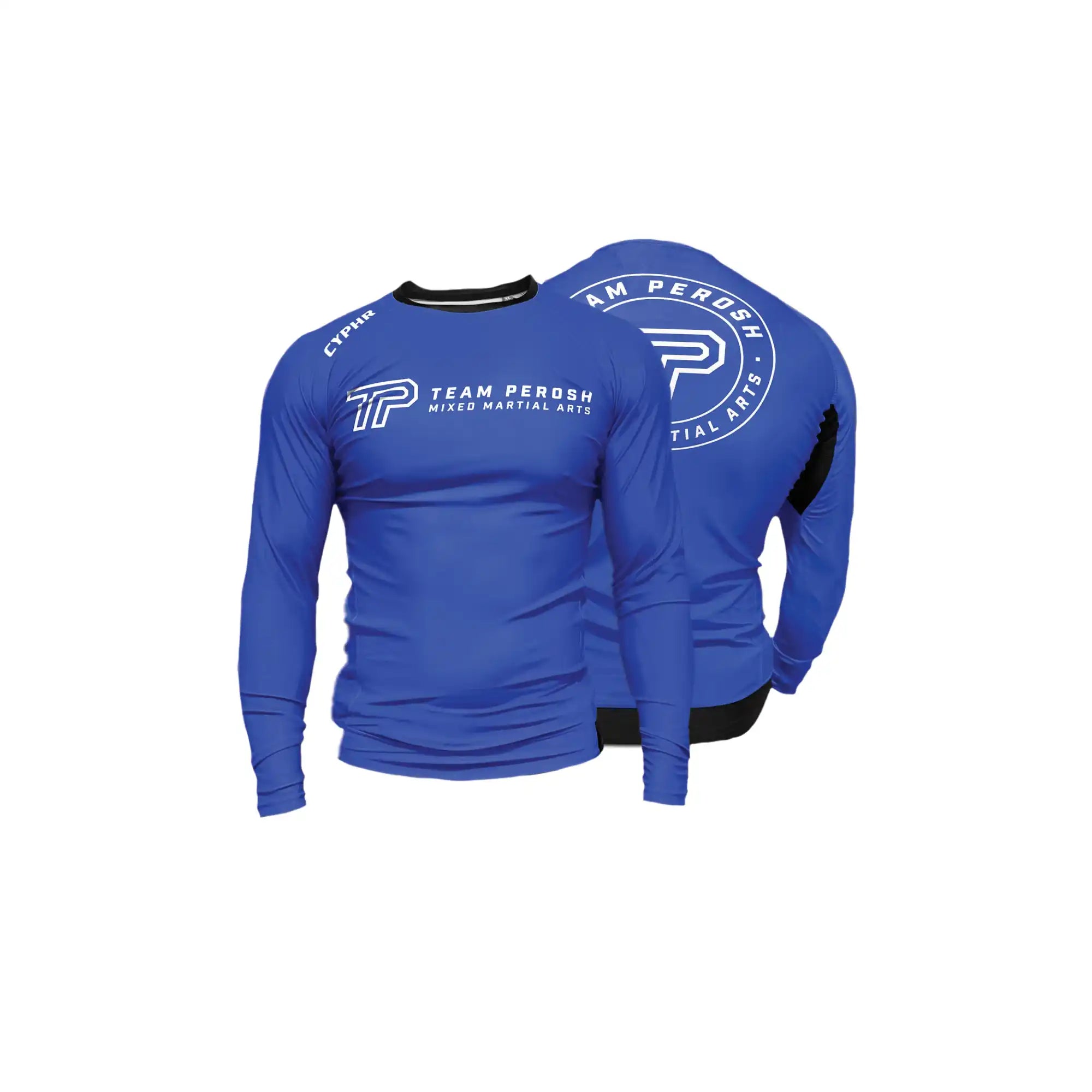 Blue long-sleeve athletic compression shirt with ’Team Person’ branding.