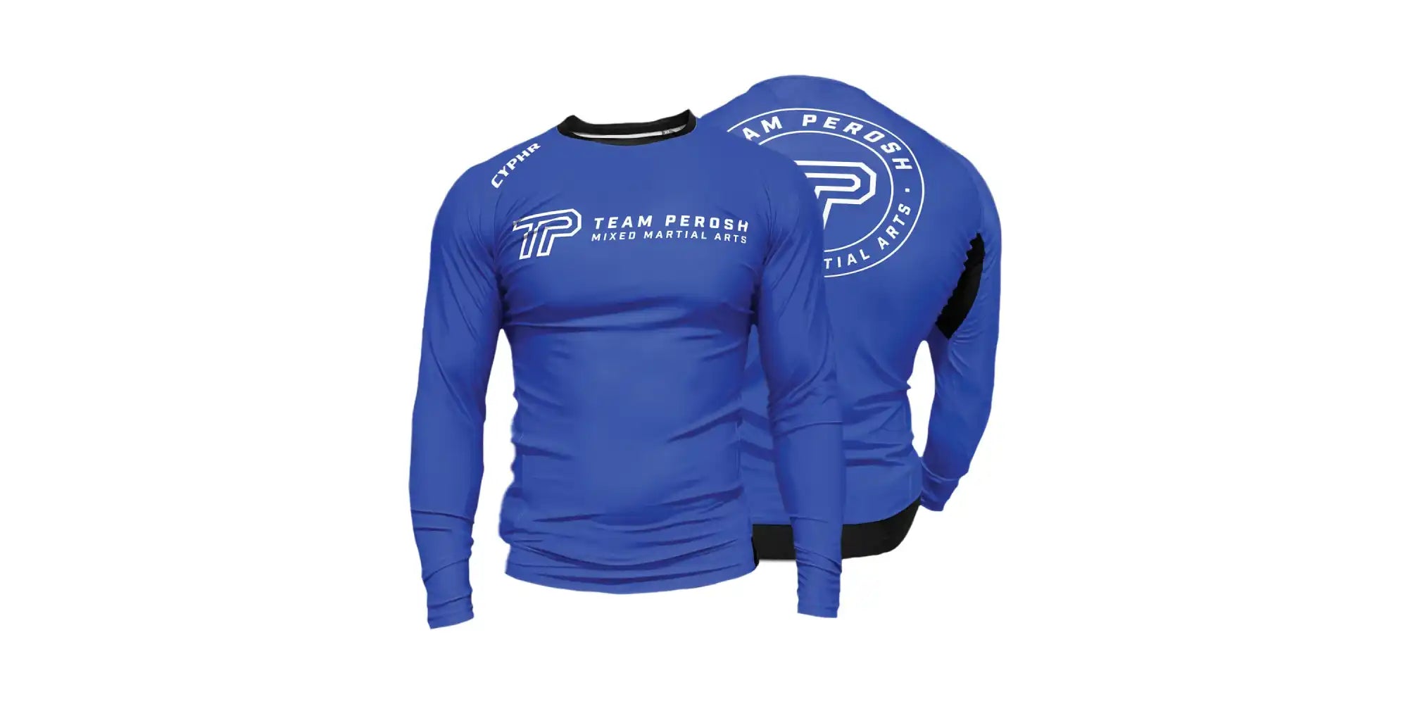 Blue long-sleeve athletic compression shirt with white logo designs.