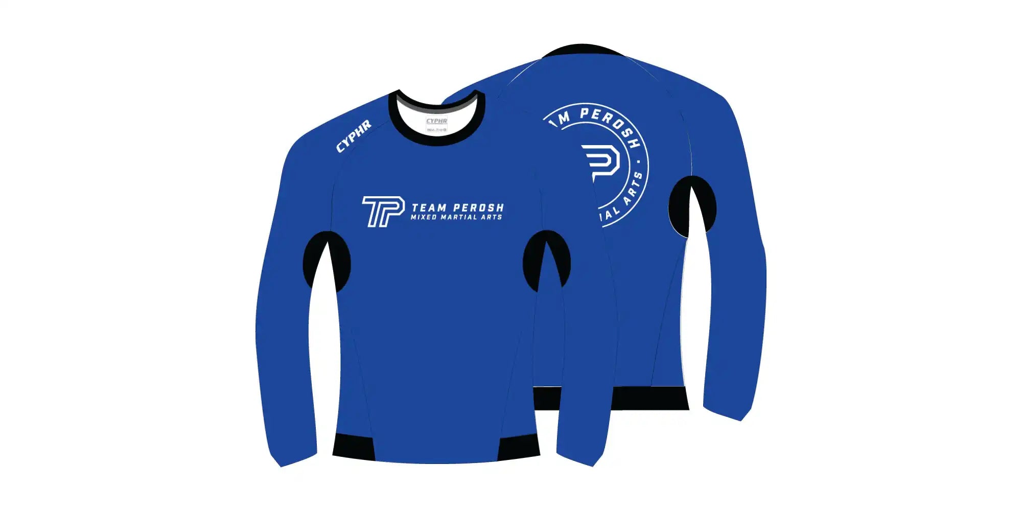 Blue long-sleeved athletic shirt with black accents and logo designs.