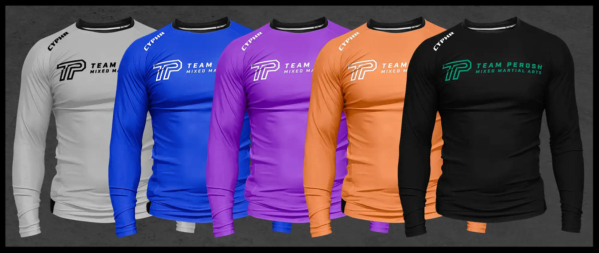 Custom club rash guards in five colours with a printed chest logo