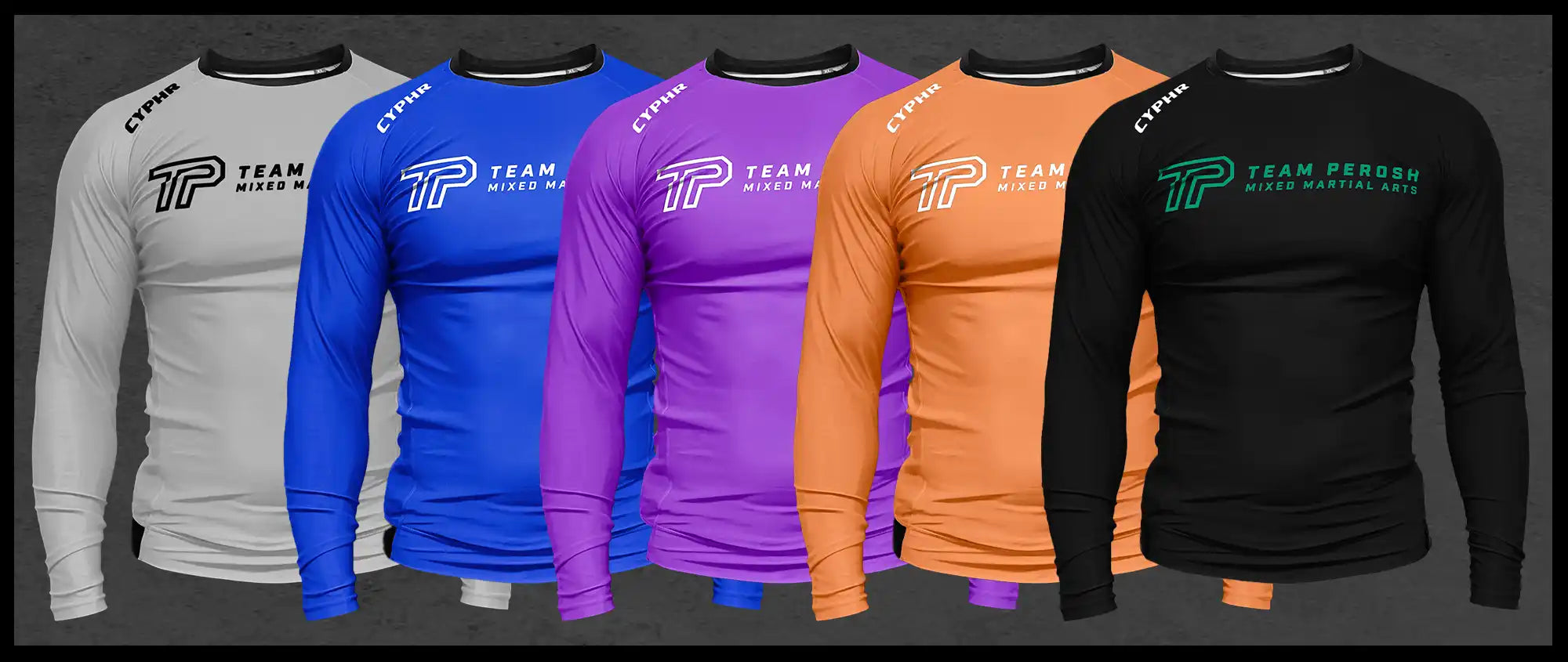 Five long-sleeved athletic rashguard shirts in white, blue, purple, orange and black with a logo printed on the chest.