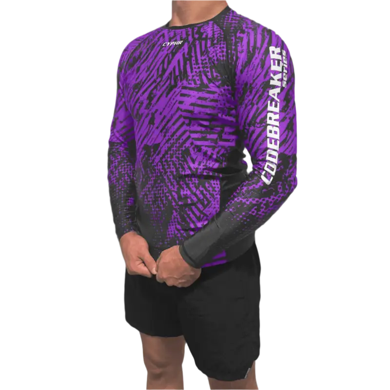 Purple and black patterned Cyphr Combat Rash Guard featuring Cyberfalker text on sleeve