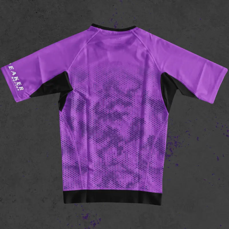 Purple Hexagon Camouflage BJJ Rash Guard with Black Trim and Side Panel Design