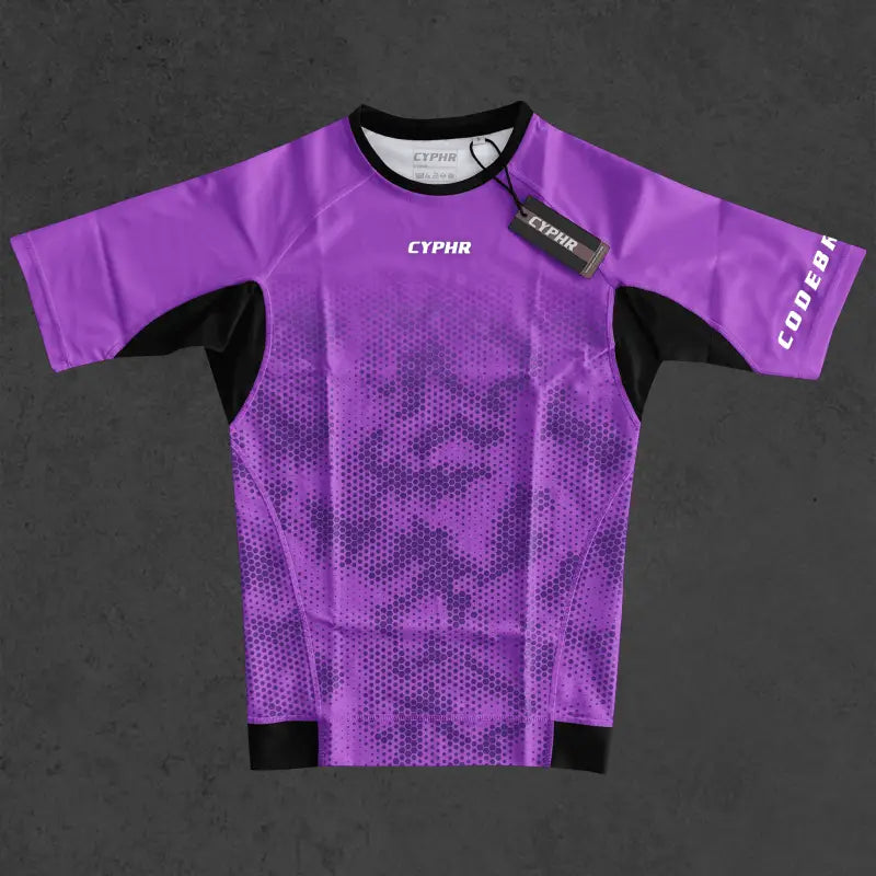 Purple Hexagon Camouflage BJJ Rash Guard with Black Trim for optimal performance