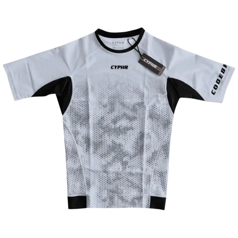 White and black CYPHR athletic t-shirt with hexagon camouflage pattern for BJJ rash guard