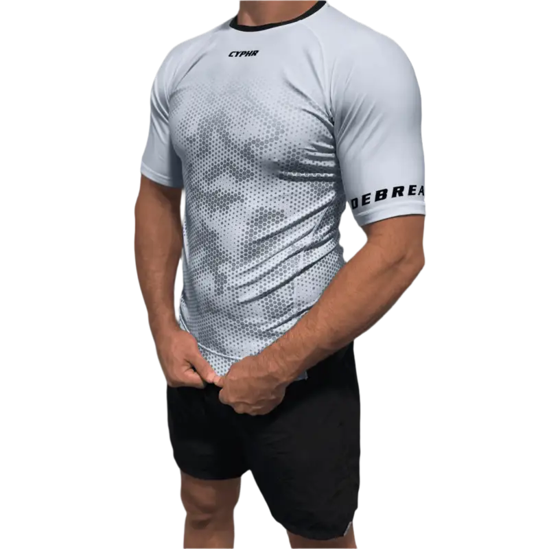 White athletic t-shirt with black dotted hexagon camouflage pattern for BJJ training