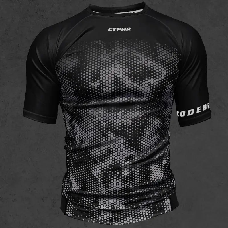 Black athletic compression shirt featuring hexagon camouflage and CYPHR branding